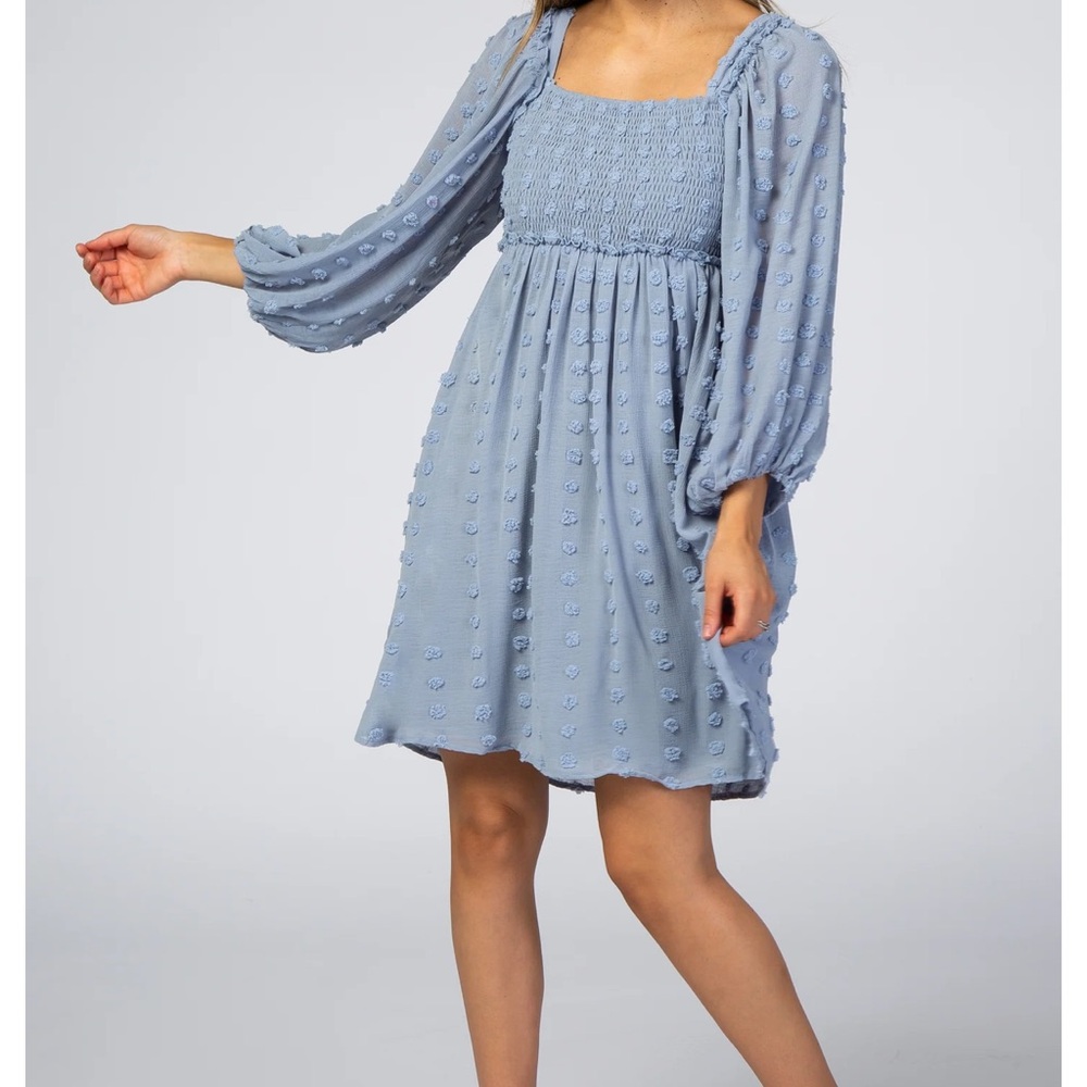Smocked Long Sleeve Blue Dress